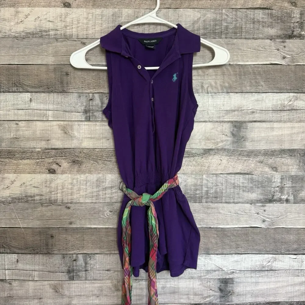 Ralph Lauren Girls Purple Sleeveless Romper Plaid Belt Size Med (8-10)